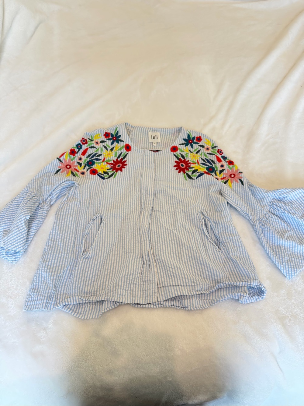 Luii Blue & White Striped Floral Embroidered Top